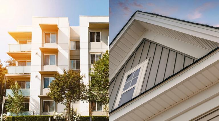 Photo d'un immeuble neuf et d'une maison individuelle