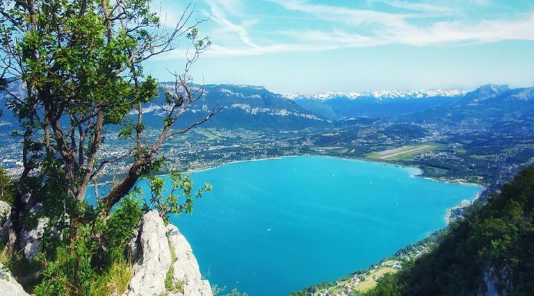 Vue d'un lac et des Alpes