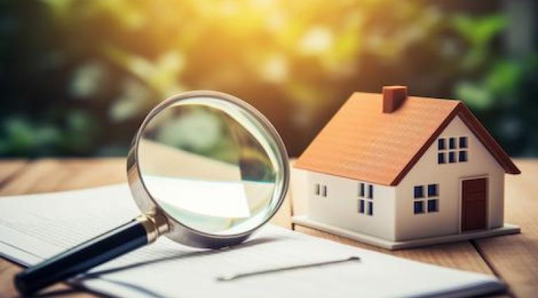 Photo d'une maquette de maison avec une loupe posée à côté illustrant la location meublee et nue