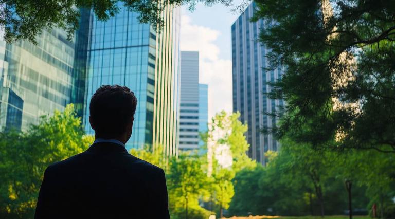 Homme devant des immeubles illustrant l investissement PER vert